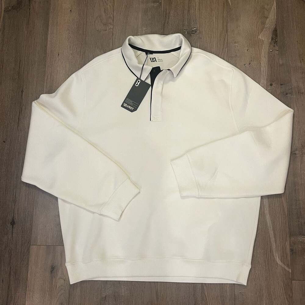 VRST Men's Pinnacle Long Sleeve Rugby Polo Sweatshirt in Cream/White NWT
